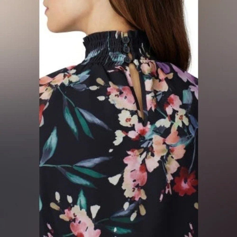Yumi Kim Class Act Long Sleeve Floral Mock Neck Ruffle Mini Dress Black XS NWT - Picture 3 of 15